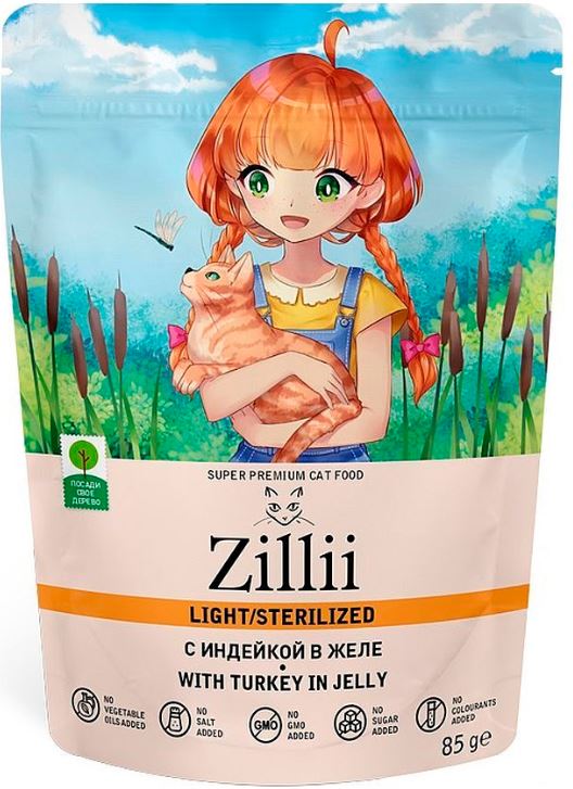 Паучи ZILLI Sterilized/Light Индейка для кошек: ЖЕЛЕ 85гр