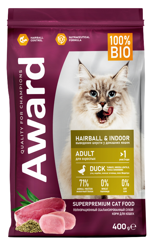 Сухой корм AWARD Hairball & Indoor для взрослых кошек для выведения шерсти с уткой и индейкой с добавлением зеленой чечевицы и Юкки Шидигера