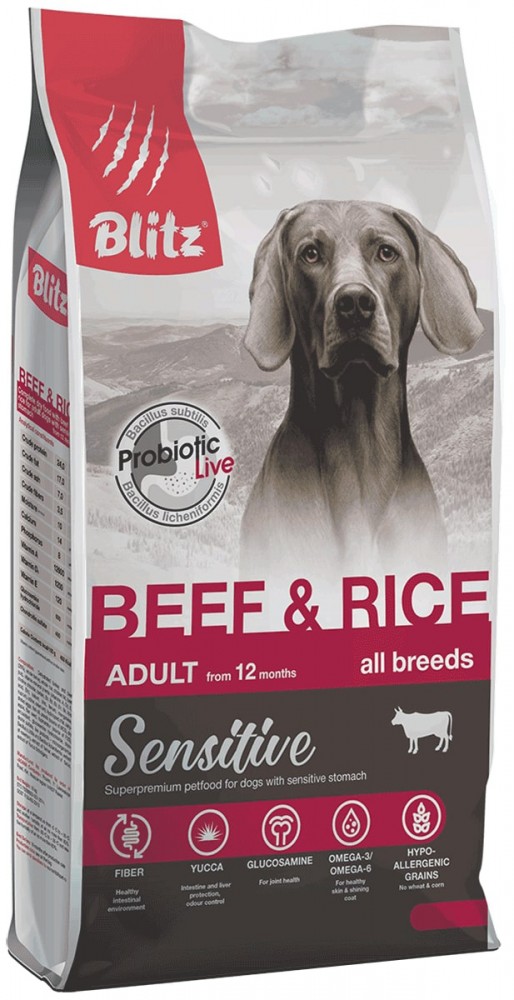 Корм Blitz Sensitive Beef & Rice для собак с чувствительным пищеварением, говядина и рис