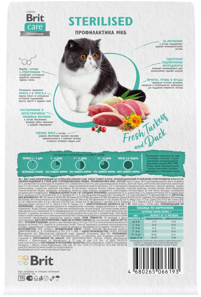 Brit Care Superpremium Cat Sterilised с индейкой и уткой для стерилизованных кошек, Профилактика МКБ
