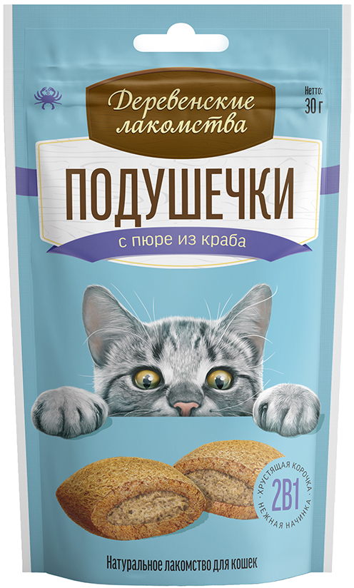 Лакомство для кошек Деревенские лакомства подушечки с пюре с крабом 30г