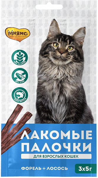 Лакомство для кошек Мнямс лакомые палочки с лососем и форелью 5г 3шт