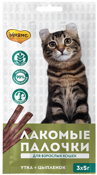 Лакомство для кошек Мнямс лакомые палочки с цыпленком и уткой 5г 3шт